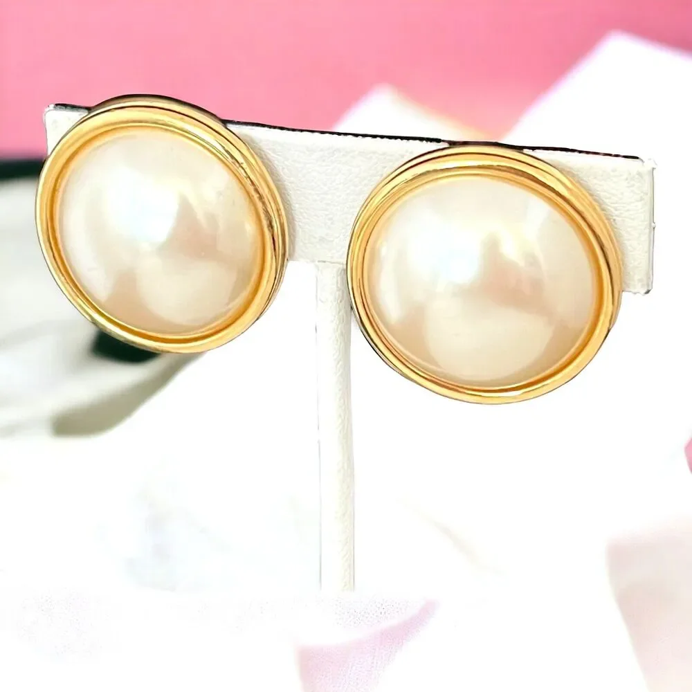 Vintage 1980s Monet Clip Earrings Gold Tone Faux Pearl - 1E